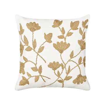 Scatter Cushion White And Beige Cotton 45 X 45 Cm Handmade Throw Pillow Embroidered Floral Pattern Flower Motif Removable Cover Beliani