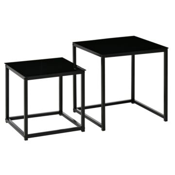 Homcom Nest Of 2 Side Tables, Set Of Modern Bedside Tables With Tempered Glass Desktop For Living Room, Bedroom, Office, Black