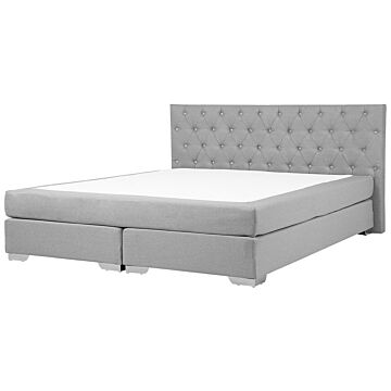 Eu Super King Divan Bed Grey Fabric Upholstered 6ft Frame With Mattress And Button Tufted Headrest Beliani