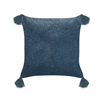 Decorative Cushion Dark Blue Velvet And Cotton 45 X 45 Cm Floral Pattern Block Printed Boho Decor Accessories Beliani