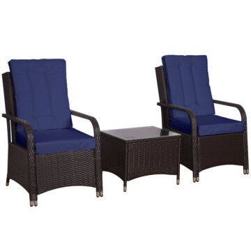 Outsunny 3 Pieces Outdoor Rattan Bistro Set, Patio Wicker Balcony Furniture With Steel Frame, Conservatory Set W/ 2 Cushioned Chair, Coffee Table & Cover, Dark Blue