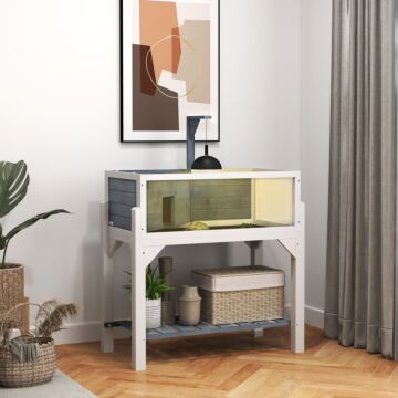 Pawhut Wooden Tortoise House With Storage Shelf, Clear Observation Windows, Lamp Holder, Openable Top, Built-in Tray, Grey