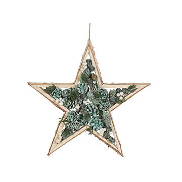 Wall Decor Green Wooden Star Shaped Christmas Decorative Piece Pine Cones Boho Design Beliani