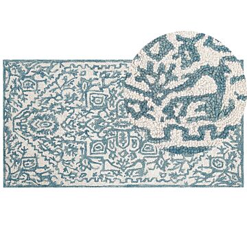 Area Rug White Blue Wool 80 X 150 Cm Flat Weave Hand Tufted Oriental Pattern Beliani