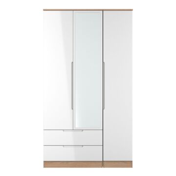 Milan Tall Triple 2 Drawer Mirrored Wardrobe In White & Bardolino Oak