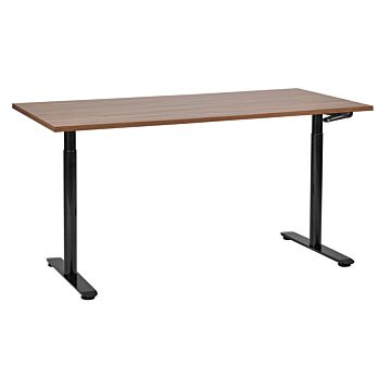 Manually Adjustable Desk Dark Wood Tabletop Black Steel Frame 160 X 72 Cm Sit And Stand Round Feet Modern Design Office Beliani
