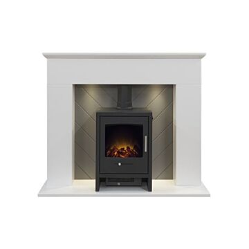 Adam Corinth Stove Fireplace In Pure White & Grey With Downlights & Bergen Electric Stove In Charcoal Grey, 48 Inch