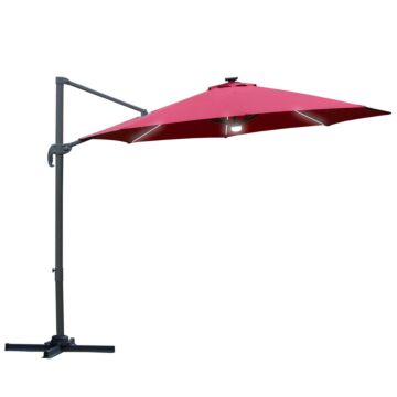 Outsunny 3(m) Cantilever Roma Parasol Adjustable Garden Sun Umbrella With Led Solar Light Cross Base 360° Rotating, Red