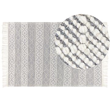 Area Rug Grey And White Wool Cotton 160 X 230 Cm Hand Woven Flat Weave With Tassels Geometric Pattern Beliani