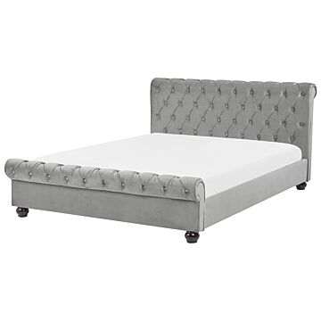 Bed Frame Grey Velvet Upholstery Black Wooden Legs King Size 5ft3 Buttoned Glam Beliani
