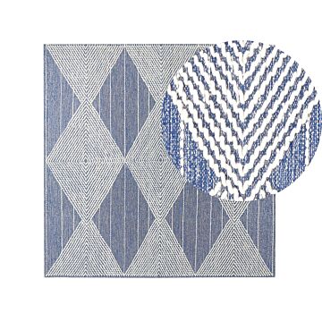 Area Rug Light Beige And Blue Wool Polyester 200 X 200 Cm Hand Woven Geometric Pattern Boho Living Room Bedroom Beliani