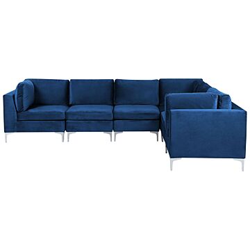 Left Hand Modular Corner Sofa Blue Velvet 6 Seater L-shaped Silver Metal Legs Glamour Style Beliani