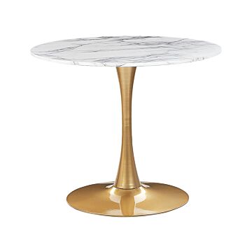Dining Table White Marble With Gold Mdf Top Metal Base 90 Cm Industrial Round Kitchen Table Beliani
