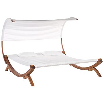Garden Outdoor Lounger White Textile Seat Larch Wood Frame Double Seat Curved Canopy Beliani