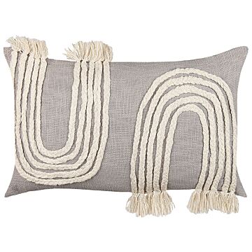 Decorative Cushion Grey And Beige Cotton 35 X 55 Cm Geometric Pattern With Tassels Boho Decor Accessories Beliani