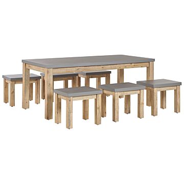 Outdoor Dining Set Grey Fibre Cement Light Acacia Wood 6 Seater Table 6 Stools Modern Industrial Design Beliani