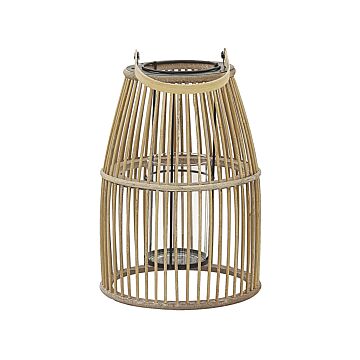 Lantern Beige Bamboo Wood 32 Cm With Glass Holder Boho Style Indoor And Outdoor Beliani