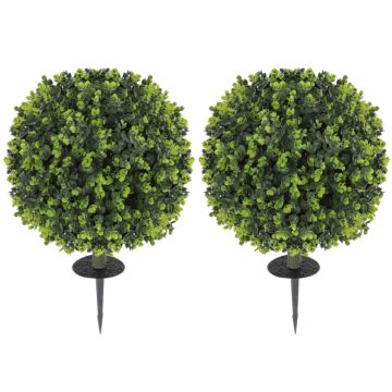 Homcom Set Of 2 40 Cm Artificial Boxwood Topiary Ball Bush With Integrated Ground Stake, Indoor Outdoor Uv Resistant Faux Greenery, Faux Plants For Garden, Porch, Balcony