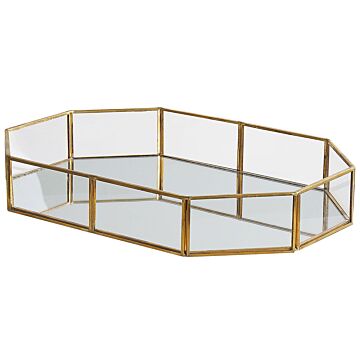 Decorative Tray Gold Brass And Glass Mirrored Octagon Shape 32 X 22 Cm Accent Piece For Jewellery Candles Beliani