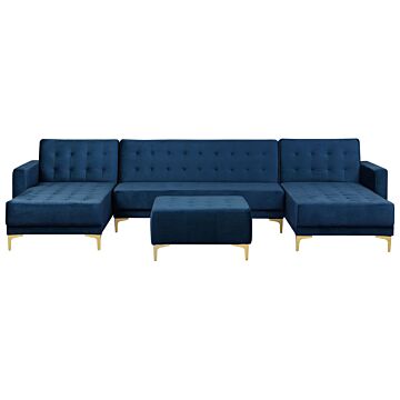Corner Sofa Bed Navy Blue Velvet Tufted Fabric Modern U-shaped Modular 5 Seater With Ottoman Chaise Lounges Beliani