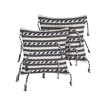 Set Of 2 Decorative Pillows Black And White Cotton 45 X 45 Cm Striped Pattern With Tassels Boho Design Throw Cushions Beliani