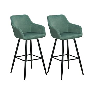 Set Of 2 Bar Stool Green Fabric Upholstered With Arms Backrest Black Metal Legs Beliani