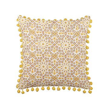 Decorative Cushion Yellow Cotton 45 X 45 Cm Geometric Pattern Block Print With Pom Poms Boho Decor Accessories Beliani