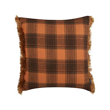 Decorative Cushion Orange And Black 45 X 45 Cm Chequered Pattern With Fringes Retro Décor Accessories Bedroom Living Room Beliani