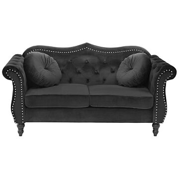 Sofa Black Velvet 2 Seater Nailhead Trim Button Tufted Throw Pillows Rolled Arms Glam Beliani