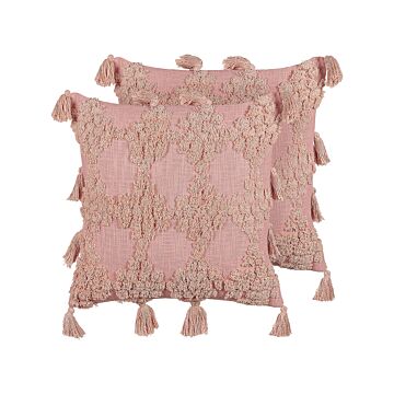 Set Of 2 Scatter Cushions Pink Cotton 45 X 45 Cm Geometric Pattern Tassels Removable Cover With Filling Boho Style Beliani