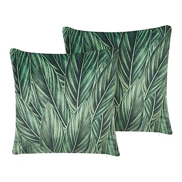 Set Of 2 Scatter Cushions Green Velvet 45 X 45 Cm Leaf Pattern Floral Print Decorative Throw Pillows Removable Covers Zip Fastener Modern Boho Beliani