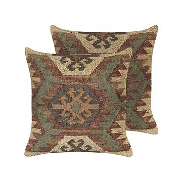 Set Of 2 Scatter Cushions Multicolour Jute Cotton 45 X 45 Cm Geometric Pattern Handmade Removable Cover With Filling Beliani