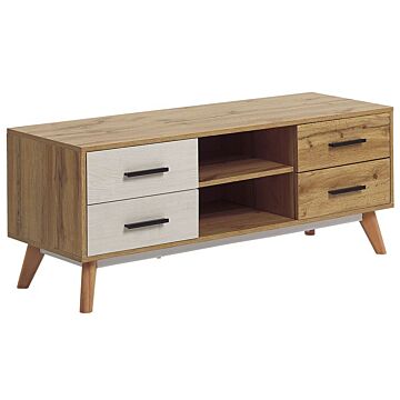 Tv Stand Light Wood With White For Up To 55ʺ Tv With 4 Drawers And 2 Shelves Rustic Beliani