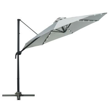 Outsunny 3(m) Cantilever Roma Parasol Patio Sun Umbrella With Led Solar Light Cross Base 360° Rotating Outdoor, Grey