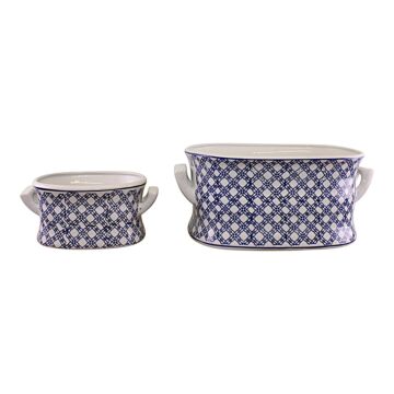 Set Of 2 Ceramic Footbath Planters, Vintage Blue & White Geometric Design