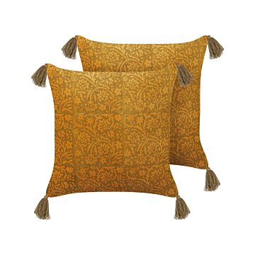 Set Of 2 Decorative Cushions Yellow Velvet 45 X 45 Cm Floral Pattern With Tassels Block Printed Boho Decor Accessories Beliani