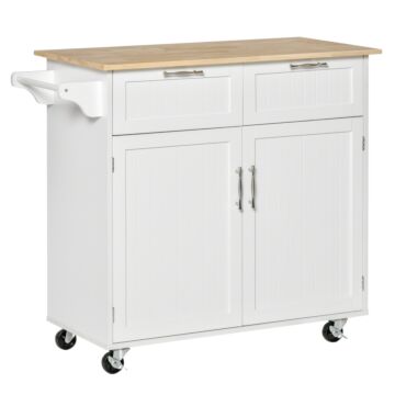 Homcom Modern Rolling Kitchen Island Storage Kitchen Cart Utility Trolley With Rubberwood Top, 2 Drawers, White