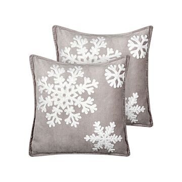 Set Of 2 Scatter Cushions Grey White Cotton Velvet 45 X 45 Cm Christmas Motif Snowflake Print Accessories Festive Decor Beliani