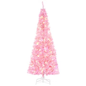 Homcom 6' Tall Prelit Pencil Slim Artificial Christmas Tree With Realistic Branches, 300 Warm White Led Lights And 618 Tips, Xmas Decoration, Pink
