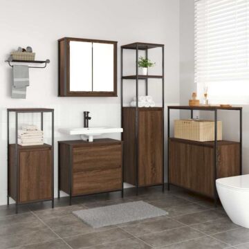 Vidaxl 5-piece Bathroom Furniture Set In Brown Oak, Made From Engineered Wood