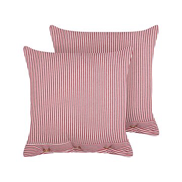 Set Of 2 Decorative Cushions Red And White Cotton 45 X 45 Cm Striped Pattern Buttons Retro Décor Accessories Bedroom Living Room Beliani