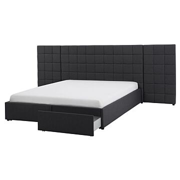 Eu King Size Panel Bed 5ft3 Grey Fabric Upholstered Large Headboard Drawer Storage Slatted Frame Beliani