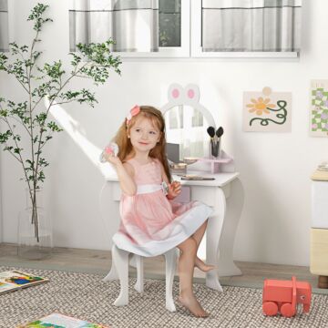 Zonekiz Bunny-design Kids Dressing Table, With Mirror And Stool - White And Pink