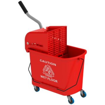 Homcom 20l Mop Bucket With Wringer And Handle, Mop Bucket On Wheels For Floor Cleaning, Separate Dirty And Clean Water, Red