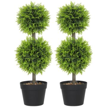 Homcom Set Of 2 Decorative Artificial Plants, 60cm Faux Topiary Cypress Ball Trees With Plastic Pot And Pebbles, Fake Plants For Home Office Decor, Green