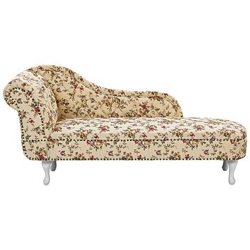Chaise Lounge Beige Multicolour Left Hand Polyester Fabric Buttoned Nailheads Flower Pattern Beliani