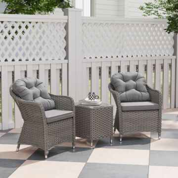 Outsunny 3 Pieces Rattan Bistro Set, Wicker Garden Bistro Set, Glass Top Balcony Table And Chairs With Cushions For Outdoor, Patio, Balcony, Light Grey