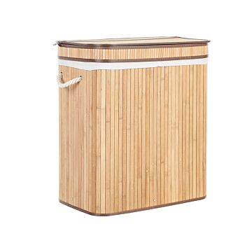 Basket With Zippered Lid Light Wood Bamboo Wood Laundry Hamper 2-compartments With Rope Handles Beliani