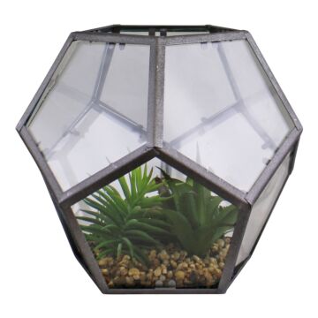 Glass & Metal Hexagonal Terrarium With Faux Succulents