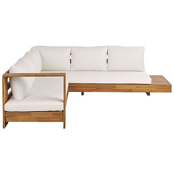 Outdoor Corner Sofa Set Light Acacia Wood With White Cushions Right Hand 5 Seater Lounge Set With Side Table Beliani